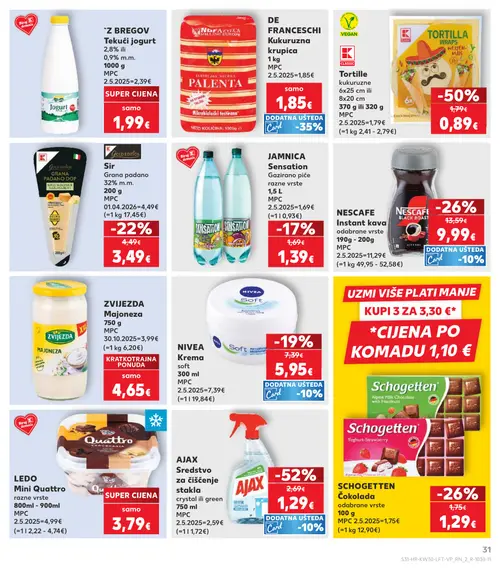 Kaufland katalog — stranica 31: AJAX Sredstvo za čiščenje stakla crystal, CLASSIC Tortille, NESCAFE Instant kava, SCHOGETTEN Čokolada odabrane vrste (vrijedi 22. 07. 2026.–28. 07. 2026.)