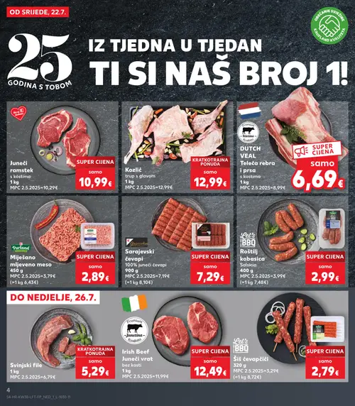 Kaufland katalog — stranica 4: Let's BBQ Šiš ćevapčići, Let's BBQ Roštilj kobasica Salsicia, Premium DUTCH VEAL Teleća rebra i prsa s kostima, Purland Miješano mljeveno meso (vrijedi 22. 07. 2026.–28. 07. 2026.)