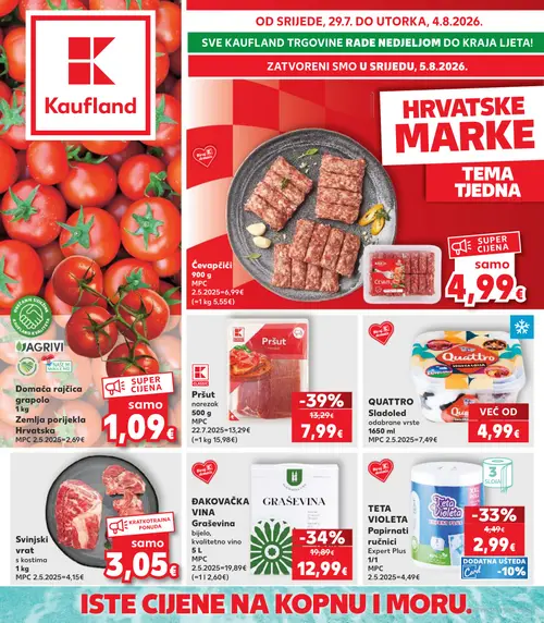 Kaufland katalog — stranica 1: CLASSIC Pršut narezak, ĐAKOVAČKA Vina Graševina, TETA VIOLETA Papirnati ručnici Expert Plus, Čevapčići (vrijedi 29. 07. 2026.–05. 08. 2026.)