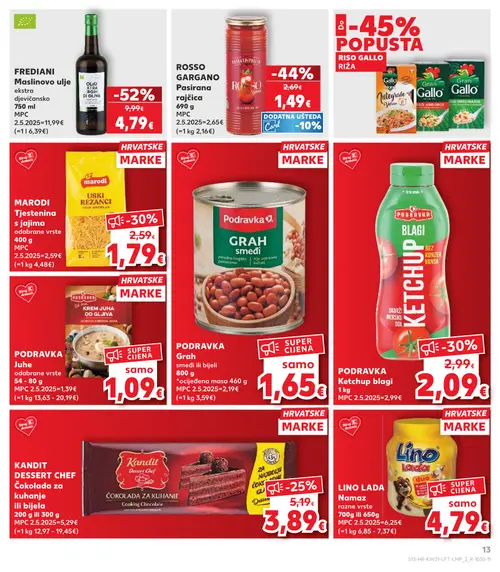 Kaufland katalog — stranica 13: FREDIANI Maslinovo ulje ekstra djevicansko, ROSSO GARGANO Pasirana rajčica, MARODI Tjestenina s jajima, PODRAVKA Ketchup blagi (vrijedi 29. 07. 2026.–05. 08. 2026.)