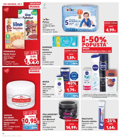 Kaufland katalog — stranica 18: NIVEA Gel za tuširanje, MULTIVITA Šumeće tablete, Lino Lino Lješnjak čokolino (vrijedi 29. 07. 2026.–05. 08. 2026.)