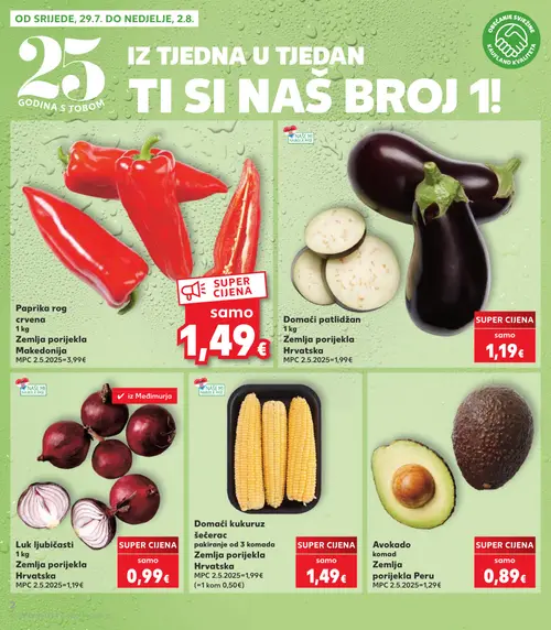 Kaufland katalog — stranica 2: Paprika rog crvena, Domaći patlidžan, Luk ljubičasti, Domaći kukuruz šećerac (vrijedi 29. 07. 2026.–05. 08. 2026.)