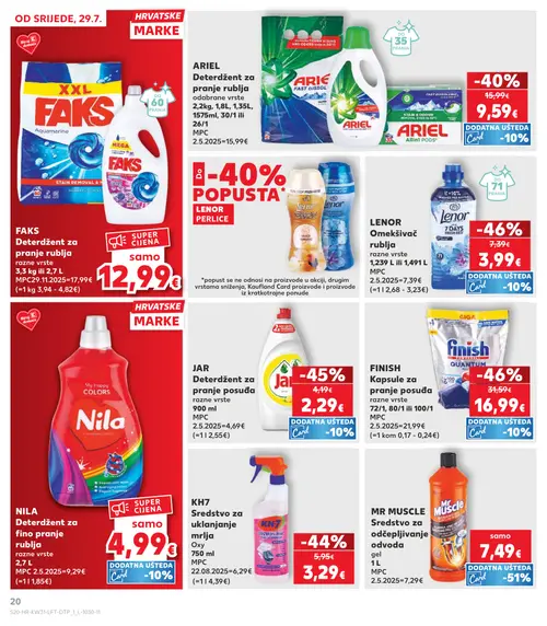 Kaufland katalog — stranica 20: JAR Deterdžent za pranje posuđa razne vrste, NILA Deterdžent za fino pranje rublja razne vrste, FINISH Kapsule za pranje posuđa razne vrste, LENOR Omekšivač rublja (vrijedi 29. 07. 2026.–05. 08. 2026.)