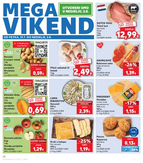 Kaufland katalog — stranica 28: GAVRILOVIĆ Kulenova seka, Kruh u kalupu, PRESIDENT President Cheddar, Dutch Veal Teleći but (vrijedi 29. 07. 2026.–05. 08. 2026.)