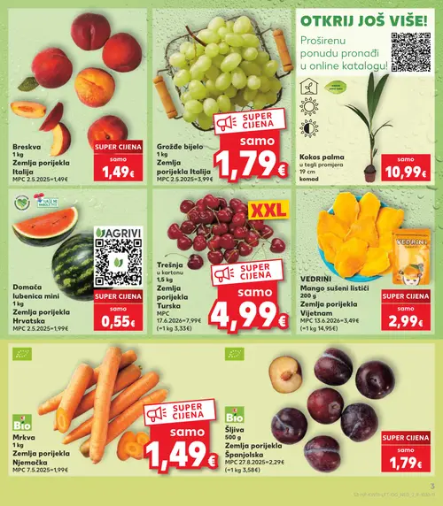 Kaufland katalog — stranica 3: Breskva, Grožđe bijelo, Kokos palma, AGRIVI Domaća lubenica mini (vrijedi 29. 07. 2026.–05. 08. 2026.)