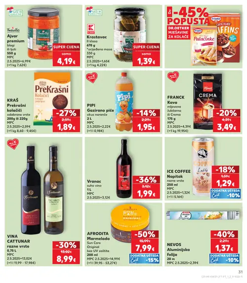 Kaufland katalog — stranica 31: AFRODITA Marmelada Sun Care Original, NEVOS Aluminijska folija, Vranac, Cattunar Vina Cattunar razne vrste (vrijedi 29. 07. 2026.–05. 08. 2026.)