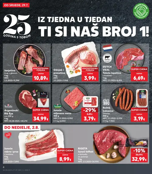 Kaufland katalog — stranica 4: Odojak i prasetina, Purland Mljeveno meso, DUTCH VEAL Teleća lopatica s kostima, Favourites Argentinski Rib Eye (vrijedi 29. 07. 2026.–05. 08. 2026.)