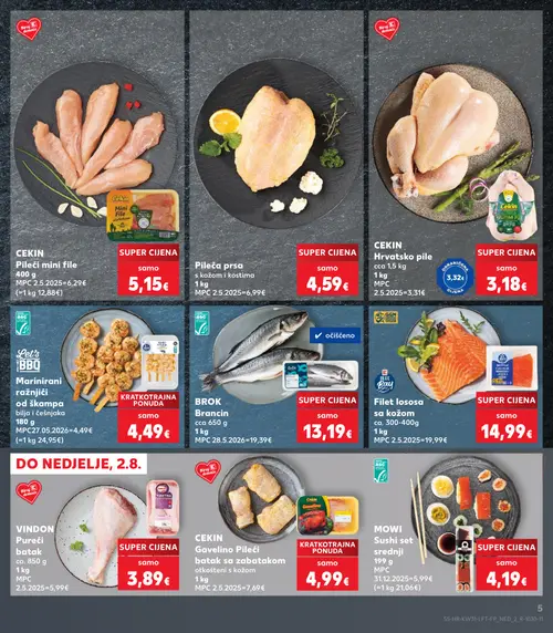 Kaufland katalog — stranica 5: CEKIN CEKIN Pileći mini file, Pileća prsa s kožom i kostima, CEKIN CEKIN Hrvatsko pile, Let's BBQ Marinirani ražnjići od škampa bilja i češnjaka (vrijedi 29. 07. 2026.–05. 08. 2026.)