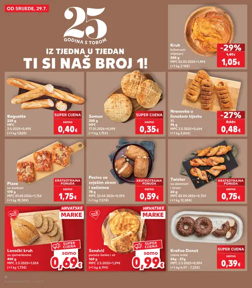 Kaufland katalog — stranica 6: Kruh kukuruzni miješani, Hrenovka u lisnatom tijestu XL, Baguette, Somun (vrijedi 29. 07. 2026.–05. 08. 2026.)