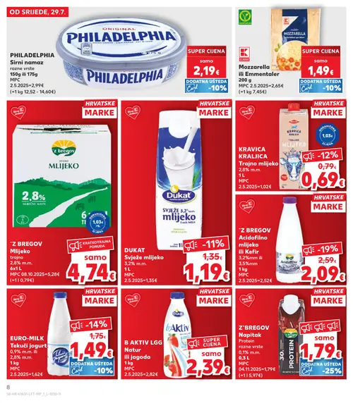 Kaufland katalog — stranica 8: Z bregov Acidofilno mlijeko ili Kefir, EURO-MILK Tekući jogurt 0,9% m.m. ili 2,8% m.m., Kravica Kraljica Trajno mlijeko 2,8% m.m., DUKAT Svježe mlijeko (vrijedi 29. 07. 2026.–05. 08. 2026.)