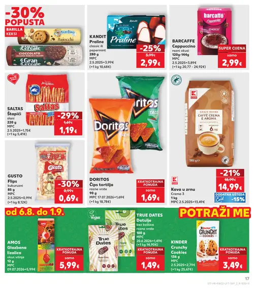 Kaufland katalog — stranica 17: Gusto Flips kukuruzni, Saltas Štapići slani, Kandit Praline classic ili peppermint, Kava u zrnu Crema 3 (vrijedi 06. 08. 2026.–11. 08. 2026.)