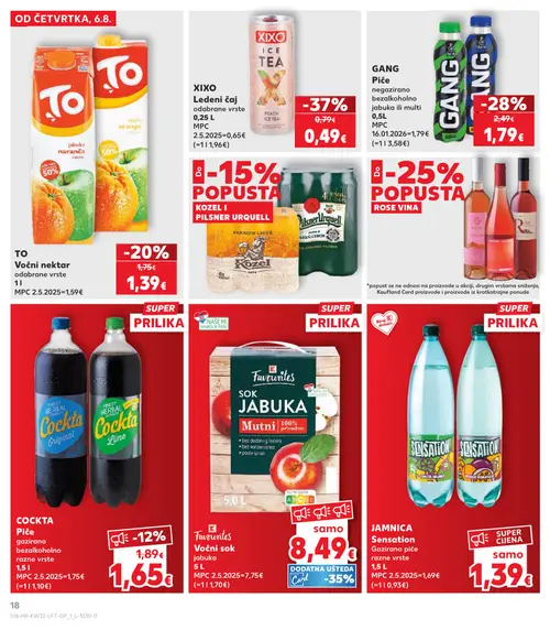 Kaufland katalog — stranica 18: XIXO Ledeni čaj odabrane vrste, GANG Piće negazirano bezalkoholno jabuka ili multi, TO Voćni nektar odabrane vrste, JAMNICA Sensation Gazirano piće razne vrste (vrijedi 06. 08. 2026.–11. 08. 2026.)