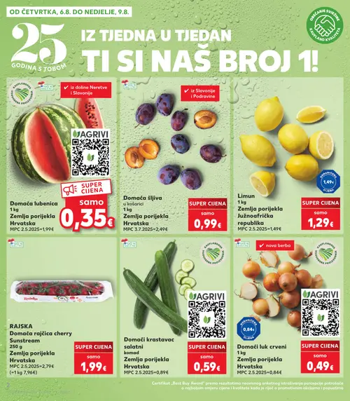 Kaufland katalog — stranica 2: Domaći luk crveni, Domaći krastavac salatni, RAJŠKA domaća rajčica cherry Sunstream, Limun (vrijedi 06. 08. 2026.–11. 08. 2026.)