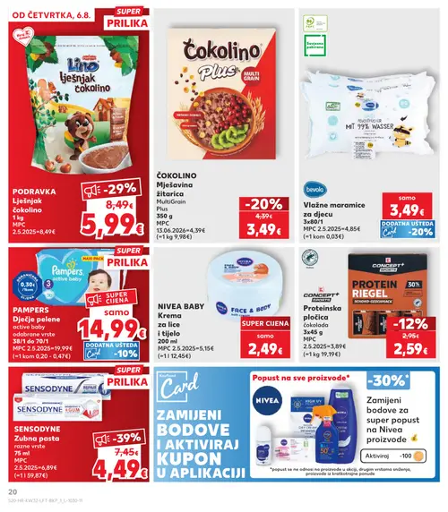 Kaufland katalog — stranica 20: NIVEA BABY Krema za lice i tijelo, SENSODYNE Zubna pasta razne vrste, Podravka Lješnjak čokolino, bevolo Vlažne maramice za djecu (vrijedi 06. 08. 2026.–11. 08. 2026.)