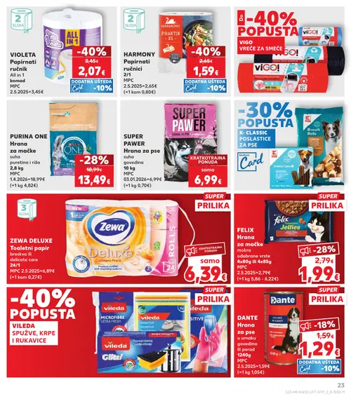 Kaufland katalog — stranica 23: HARMONY Papirnati ručnici 2/1, VIOLETA Papirnati ručnik All in 1, PURINA ONE PURINA ONE Hrana za mačke, Dante DANITE Hrana za pse u umaku govedina ili perad 1240g (vrijedi 06. 08. 2026.–11. 08. 2026.)