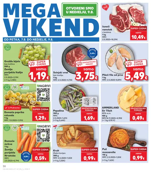Kaufland katalog — stranica 30: Grožđe bijelo bez koštica, Pileći file od prsa, Puž mozzarella, Kruh Zlatni korijen (vrijedi 06. 08. 2026.–11. 08. 2026.)