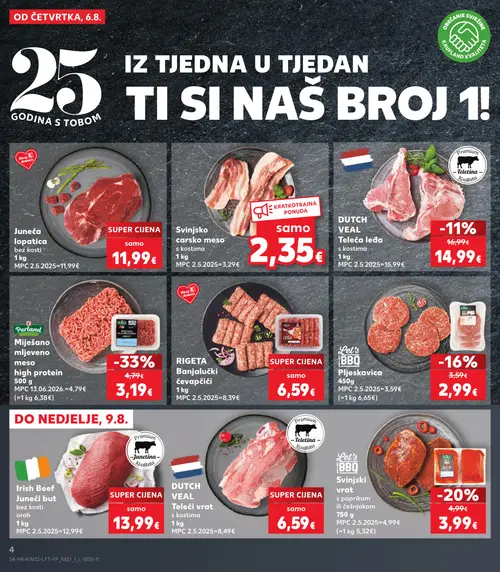Kaufland katalog — stranica 4: Let's BBQ Svinjski vrat s paprikom ili češnjakom, Let's BBQ Pljeskavica, DUTCH VEAL Teleća leđa s kostima, DUTCH VEAL Teleći vrat s kostima (vrijedi 06. 08. 2026.–11. 08. 2026.)