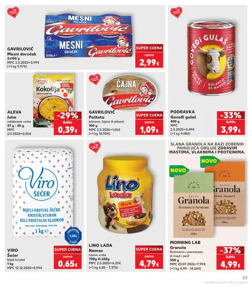 Kaufland katalog — stranica 23: MORNING LAB Granola, PODRAVKA Goveđi gulaš, ALEVA Juha, GAVRILOVIĆ Mesni doručak (vrijedi 26. 08. 2026.–01. 09. 2026.)