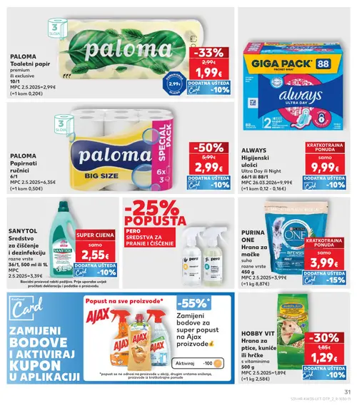Kaufland katalog — stranica 31: PALOMA Papirnati ručnici, PALOMA Toaletni papir premium, HOBBY VIT Hrana za ptice, kuniće ili hrčke s vitaminima, ALWAYS Higijenski ulošci Ultra Day ili Night (vrijedi 26. 08. 2026.–01. 09. 2026.)