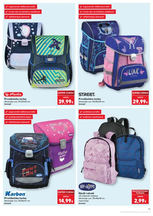 Kaufland katalog — stranica 11: Berlitз Prvoškolska torba, STREET Prvoškolska torba, Karbon Prvoškolska torba, HIP & HOPPS Dječji ruksak (vrijedi 10. 08. 2026.–31. 08. 2026.)