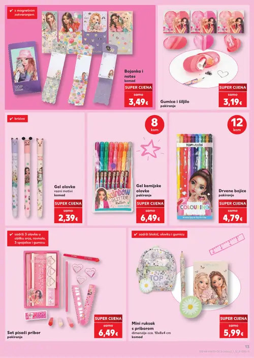 Kaufland katalog — stranica 13: TOPModel Bojanka i notes, Gumica i šiljilo pakiranje, TOPModel Gel olovka razni motivi, TOPModel Gel kemijske olovke pakiranje (vrijedi 10. 08. 2026.–31. 08. 2026.)
