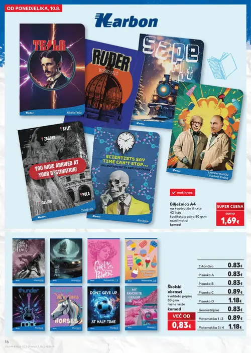Kaufland katalog — stranica 16: Bilježnica A4 na kvadratiće ili crte, Črtančica, Pisanka A, Pisanka B (vrijedi 10. 08. 2026.–31. 08. 2026.)