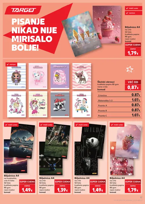 Kaufland katalog — stranica 17: Bilježnica A4, Školski obrasci, Crtančica, Matematika 1 i 2 (vrijedi 10. 08. 2026.–31. 08. 2026.)
