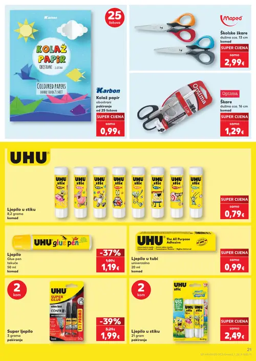 Kaufland katalog — stranica 21: UHU Super ljepilo, UHU Ljepilo, Maped Školske škare, Karbon Kolaž papir (vrijedi 10. 08. 2026.–31. 08. 2026.)
