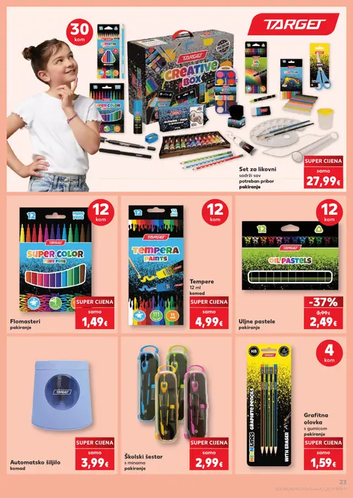 Kaufland katalog — stranica 23: TARGET Uljne pastele pakiranje, Set za likovni, TARGET Flomasteri pakiranje, TARGET Tempera paints (vrijedi 10. 08. 2026.–31. 08. 2026.)
