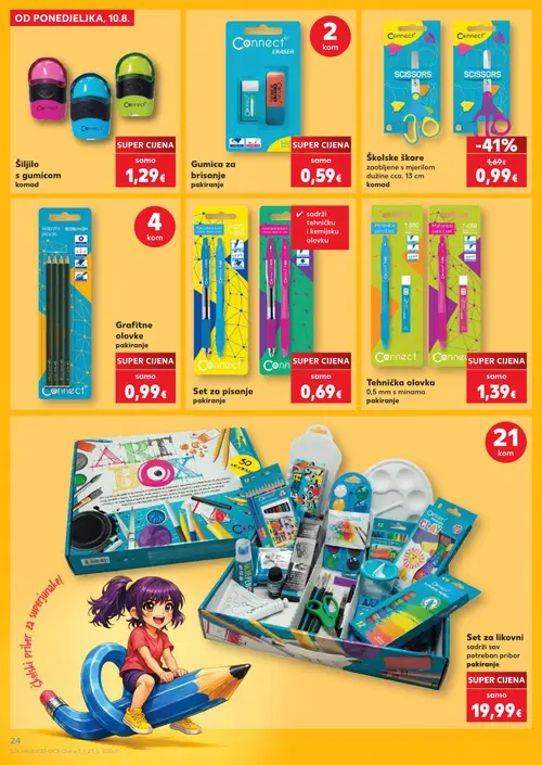 Kaufland katalog — stranica 24: Connect Školske škare zaobljene s mjerilom, Connect Šiljilo s gumicom, Connect Gumica za brisanje, Connect Grafitne olovke (vrijedi 10. 08. 2026.–31. 08. 2026.)