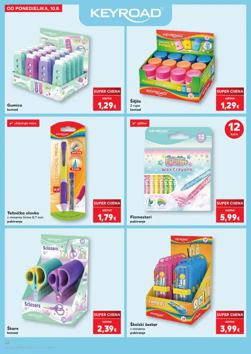 Kaufland katalog — stranica 26: KEYROAD Gumica, KEYROAD Šiljilo, KEYROAD Tehnička olovka s minama širine 0,7 mm pakiranje, KEYROAD Flomasteri pakiranje (vrijedi 10. 08. 2026.–31. 08. 2026.)