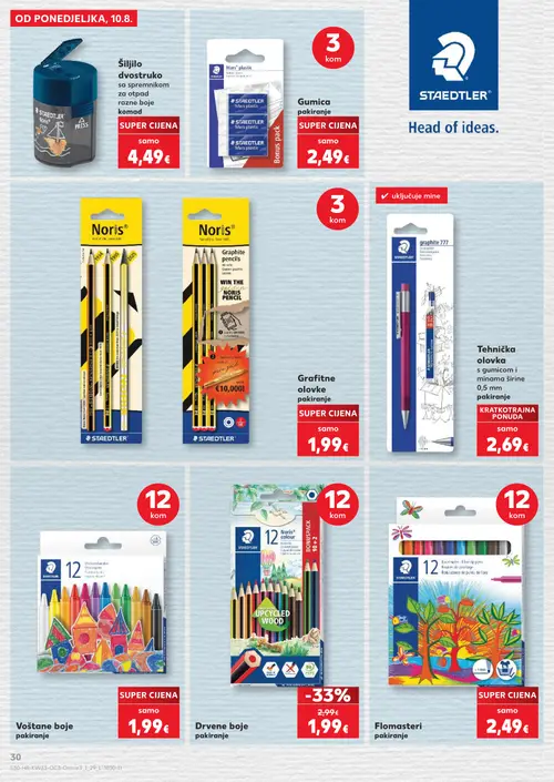 Kaufland katalog — stranica 30: STAEDTLER Drvene boje pakiranje, STAEDTLER Šiljilo dvostruko sa spremnikom za otpad razne boje komad, STAEDTLER Gumica pakiranje, STAEDTLER Grafitne olovke pakiranje (vrijedi 10. 08. 2026.–31. 08. 2026.)
