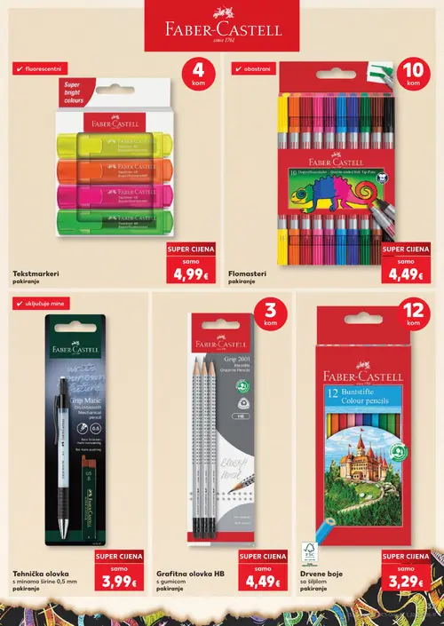 Kaufland katalog — stranica 33: FABER-CASTELL Tekstmarker fluorescentni, FABER-CASTELL Flomasteri, FABER-CASTELL Tehnička olovka s minama širine 0,5 mm, FABER-CASTELL Grafitna olovka HB s gumicom (vrijedi 10. 08. 2026.–31. 08. 2026.)
