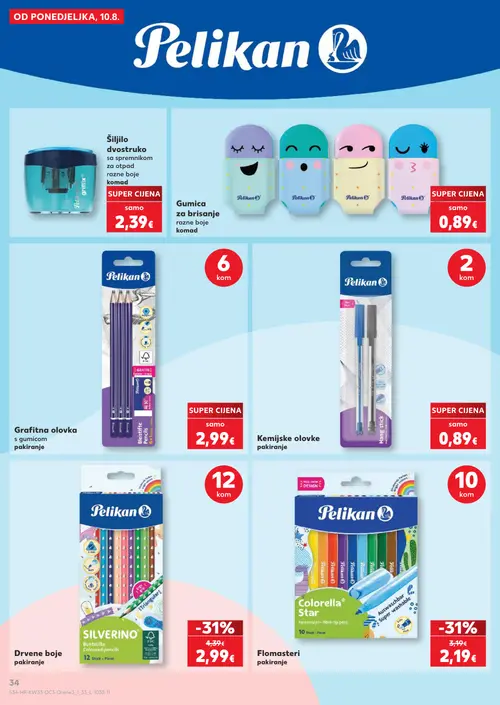 Kaufland katalog — stranica 34: Pelikan SILVERINO Buntstifte Coloured pencils, Pelikan Grafițna olovka s gumicom pakiranje, Pelikan Flomasteri pakiranje, Pelikan Šiljilo dvostruko sa spremnikom za otpad razne boje (vrijedi 10. 08. 2026.–31. 08. 2026.)