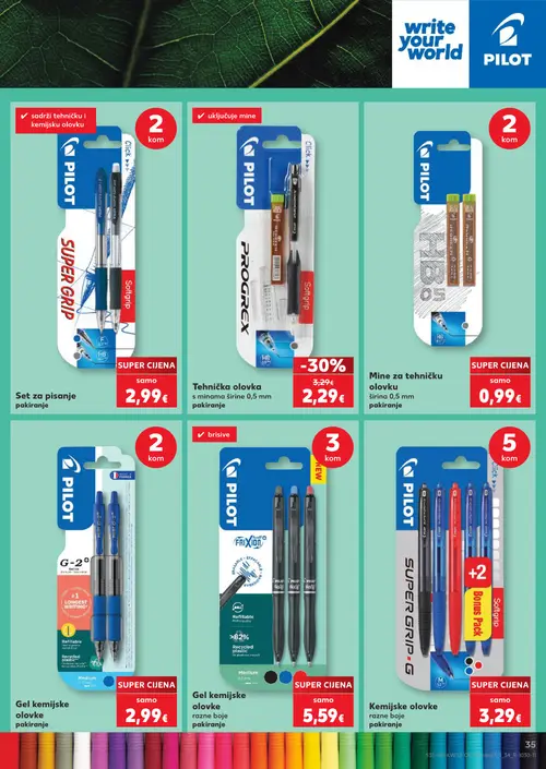 Kaufland katalog — stranica 35: PILOT Tehnička olovka s minama širine 0,5 mm pakiranje, PILOT Set za pisanje pakiranje, PILOT Mine za tehničku olovku širina 0,5 mm pakiranje, PILOT Gel kemijske olovke pakiranje (vrijedi 10. 08. 2026.–31. 08. 2026.)