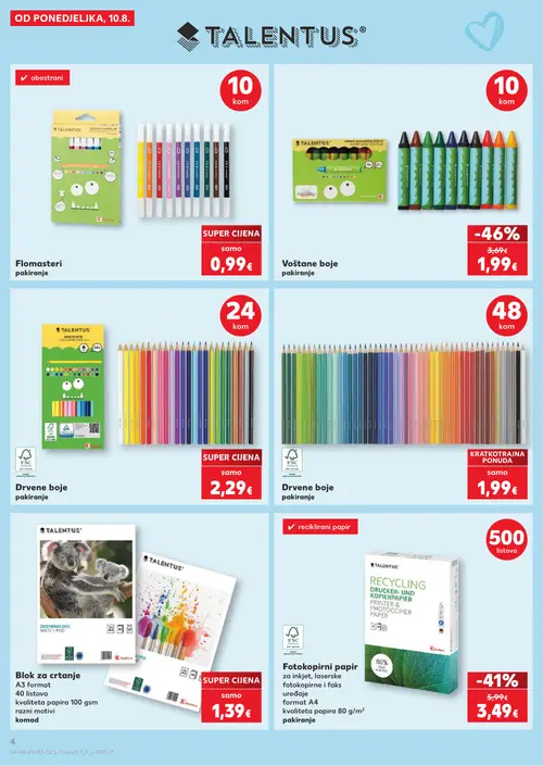 Kaufland katalog — stranica 4: TALENTUS Voštane boje pakiranje, TALENTUS Fotokopirni papir pakiranje (vrijedi 10. 08. 2026.–31. 08. 2026.)