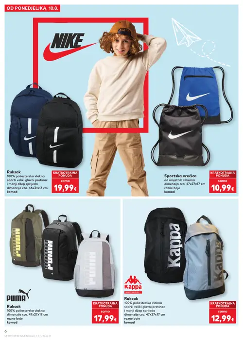 Kaufland katalog — stranica 6: Nike Ruksak, Nike Sportska vrećica, Puma Ruksak, Kappa Ruksak (vrijedi 10. 08. 2026.–31. 08. 2026.)