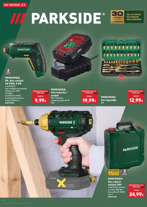 Kaufland katalog — stranica 4: PARKSIDE PARKSIDE® PA. Aku odvijač 4V PASL 4 D8 s baterijom, PARKSIDE PARKSIDE® Aku baterija i punjač, PARKSIDE PARKSIDE® Set čegrtaljki, PARKSIDE PARKSIDE® Aku udarni odvijač 20V (vrijedi 02. 09. 2026.–15. 09. 2026.)