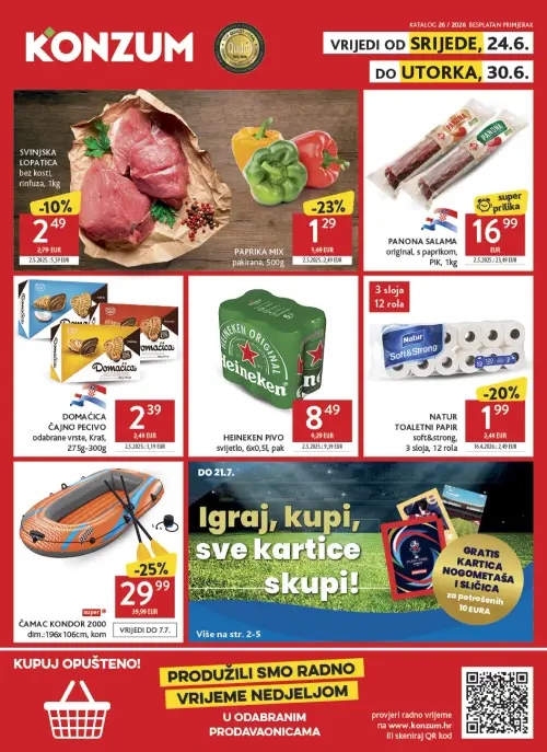 Konzum katalog — stranica 1: PANONA PANONA SALAMA original, s paprikom, ČAMAC KONDOR 2000, PAPRIKA MIX pakirana, NATUR NATUR TOALETNI PAPIR soft&strong (vrijedi 24. 06. 2026.–30. 06. 2026.)