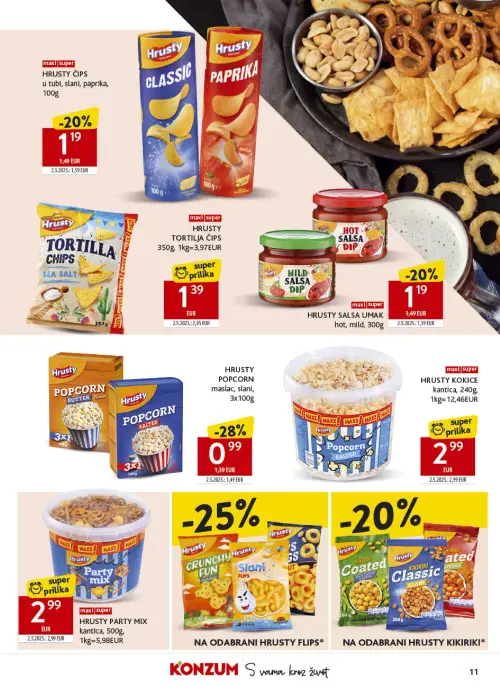 Konzum katalog — stranica 11: Hrusty HRUSTY POPCORN maslac, slani, 3x 100g, Hrusty HRUSTY MILD SALSA DIP, Hrusty HRUSTY ČIPS u tubl, slani, paprika, 100g (vrijedi 24. 06. 2026.–30. 06. 2026.)