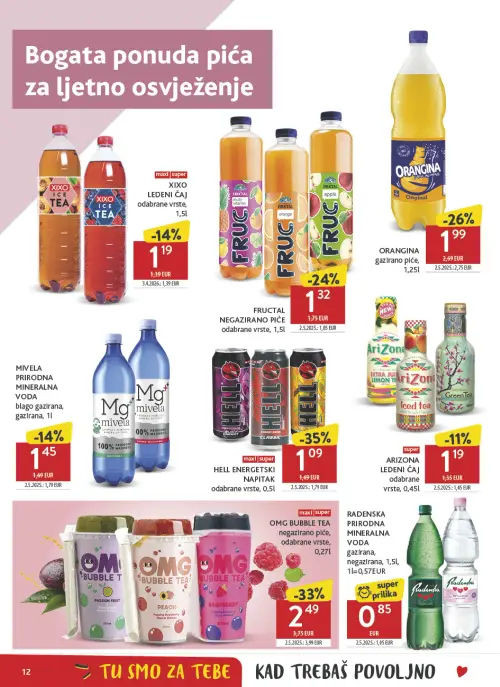 Konzum katalog — stranica 12: HELL HELL ENERGETSKI NAPITAK odabrane vrste, OMG OMG BUBBLE TEA negazirano piće, odabrane vrste, ORANGINA ORANGINA gazirano piće, FRUCTAL FRUCTAL NEG NZIRANO PIĆE odabrane vrste (vrijedi 24. 06. 2026.–30. 06. 2026.)
