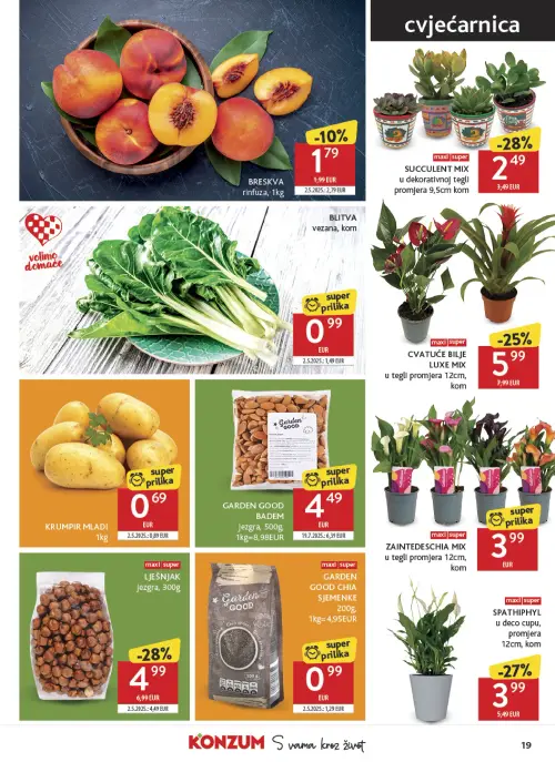 Konzum katalog — stranica 19: BLITVA vezana, GARDEN GOOD GARDEN GOOD BADEM Jezgra, SUCCULENT MIX u dekorativnoj tegli, LJEŠNJAK Jezgra (vrijedi 24. 06. 2026.–30. 06. 2026.)