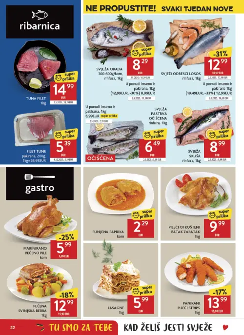 Konzum katalog — stranica 22: pakirana, SVJEŽI ODRESCI LOSOS, TUNA FILET, MARINIRANO PEČENO PILE (vrijedi 24. 06. 2026.–30. 06. 2026.)