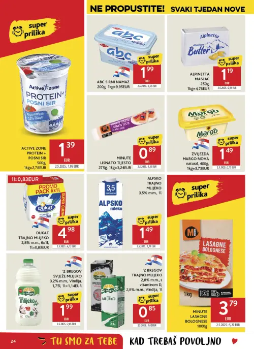 Konzum katalog — stranica 24: Alpinetta ALPINETTA MASLAC, MINUTE MINUTE LISNATO TIJESTO, Zvijezda ZVIJEZDA MARGO NOVA, Active Zone ACTIVE ZONE PROTEIN+ POSNI SIR (vrijedi 24. 06. 2026.–30. 06. 2026.)