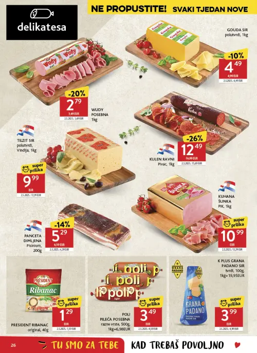 Konzum katalog — stranica 26: GOUDA SIR polutvrdi, 1kg, Vindija TILZIT SIR polutvrdi, VIndija, 1kg, KULEN RAVNI Pivac, 1kg, WUDY POSEBNA 1kg (vrijedi 24. 06. 2026.–30. 06. 2026.)