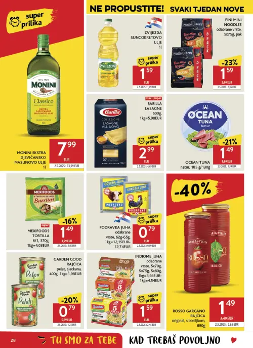 Konzum katalog — stranica 28: MEXIFOODS MEXIFOODS TORTILLA, MONINI MONINI EKSTRA DJEVIČANSKO MASLINOVO ULJE, ROSSO GARGANO ROSSO GARGANO RAJČICA original, s bosiljkom, Barilla BARILLA LASAGNE (vrijedi 24. 06. 2026.–30. 06. 2026.)