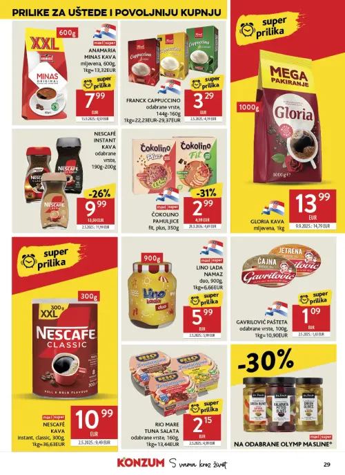 Konzum katalog — stranica 29: RIO MARE RIO MARE TUNA SALATA odabrane vrste, GAVRILOVIĆ GAVRILOVIĆ PAŠTETA odabrane vrste, ČOKOLINO ČOKOLINO PAHULJICE flt, plus, NESCAFÉ NESCAFÉ INSTANT KAVA odabrane vrste (vrijedi 24. 06. 2026.–30. 06. 2026.)