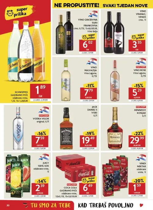 Konzum katalog — stranica 30: VINO VRANAC VENUS crno, VINDI NEKTAR odabrane vrste, HENNESSY KONJAK, JACK DANIEL'S VISKI (vrijedi 24. 06. 2026.–30. 06. 2026.)