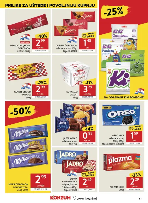 Konzum katalog — stranica 31: Milka MILKA ČOKOLADA, OREO OREO KEKS, JADRO JADRO NAPOLITANKE original, kokos-čokolada, KANDIT KANDIT CHOCO BANANA (vrijedi 24. 06. 2026.–30. 06. 2026.)