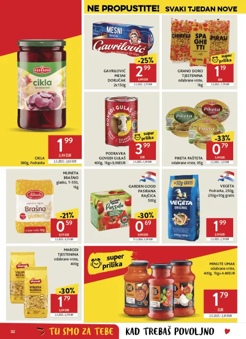 Konzum katalog — stranica 32: PIKETA PAŠTETA odabrane vrste, GRANO DORO Tjestenina odabrane vrste, MARODI Tjstenina odabrane vrste, GARDEN GOOD PASIRANA RAJČICA (vrijedi 24. 06. 2026.–30. 06. 2026.)